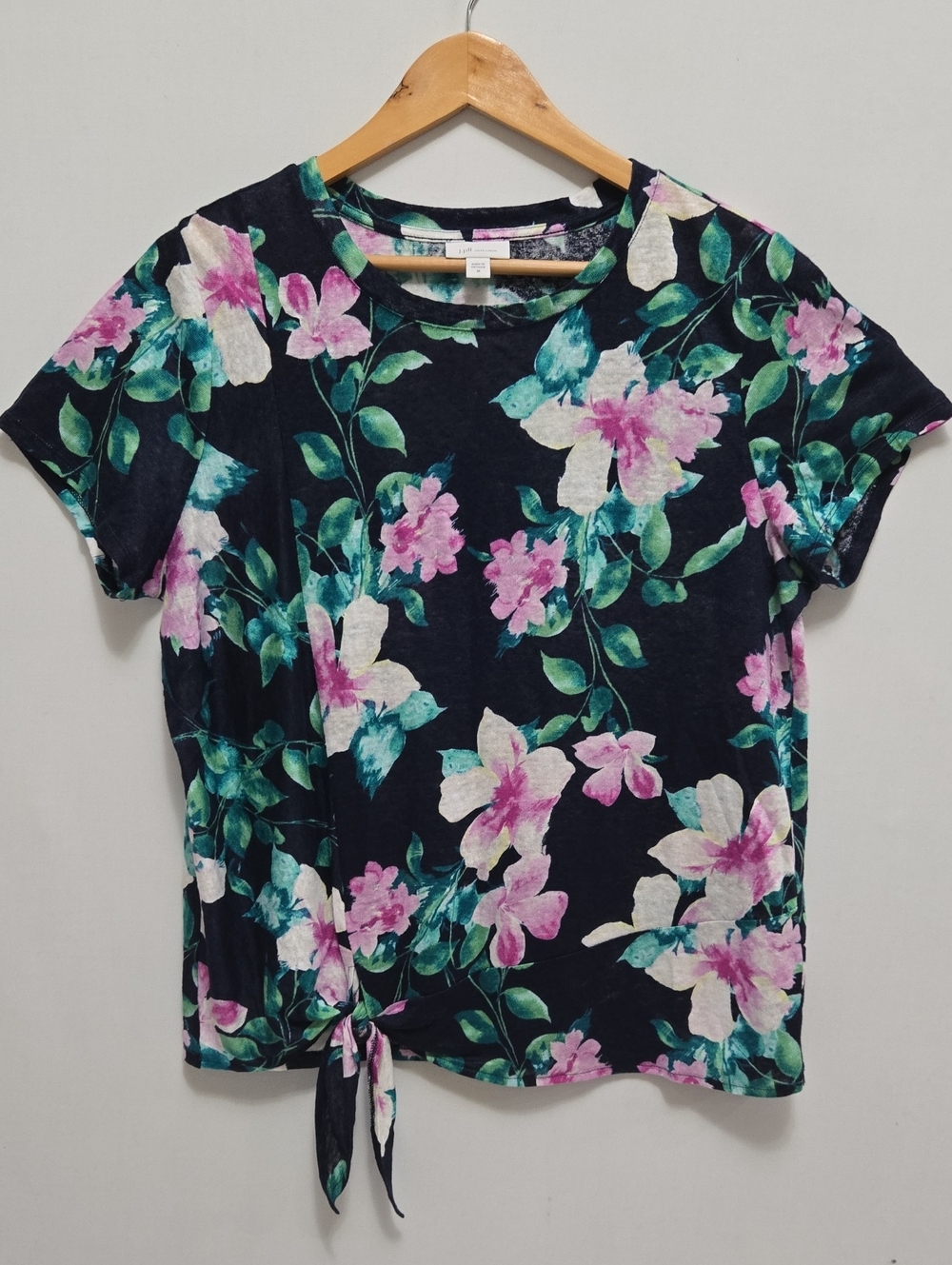 J Jill Love Linen Dark Floral Top Size M Tie   Waist 100% Linen